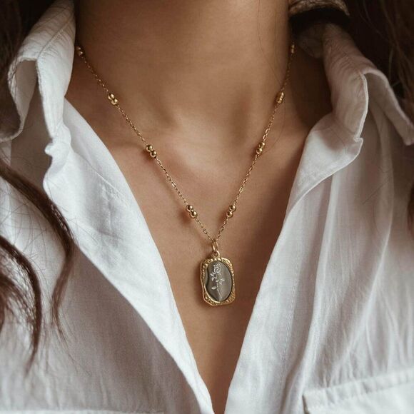 Two-Toned Gold and Silver Embossed Mirror Rose Pendant Necklace - Picture 11 of 11